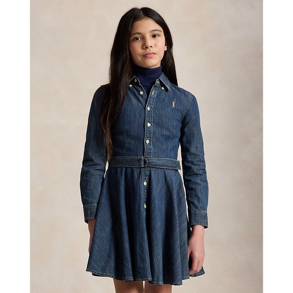Polo Ralph Lauren Girl Denim Fit-and-Flare Belted Cotton Shirt Dress Size 10-12